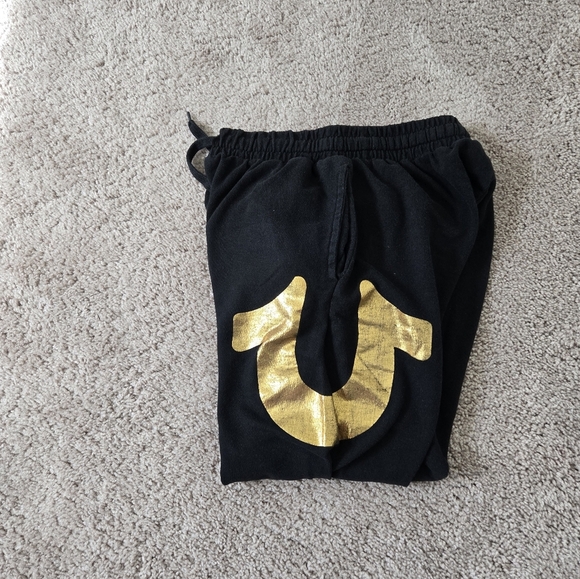 True Religion Gold HORSESHOE Logo Black Cuffed Sweat Jogger Pants size Medium - Picture 11 of 14
